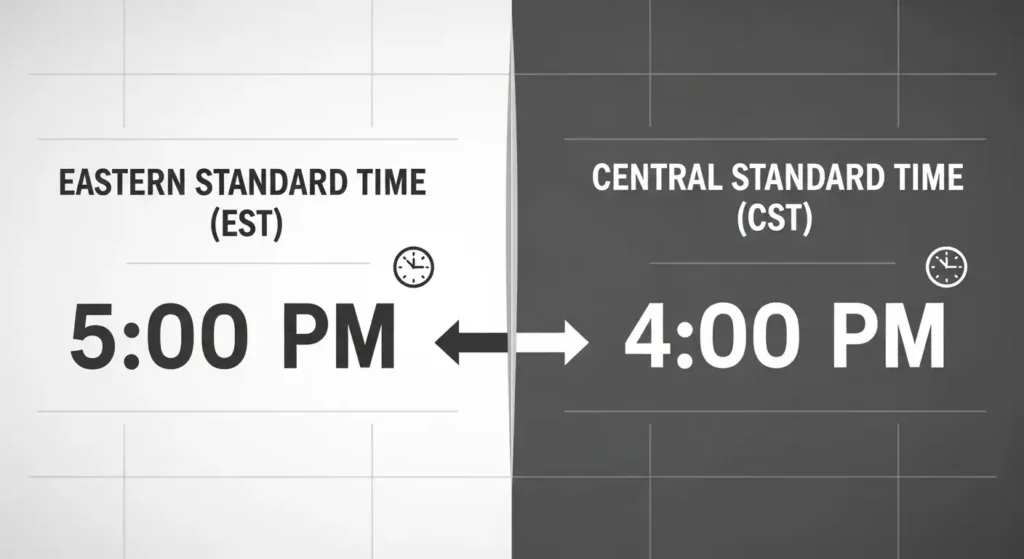 Comparison chart showing 5 PM Eastern Standard Time and 4 PM Central Standard Time.