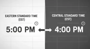 Comparison chart showing 5 PM Eastern Standard Time and 4 PM Central Standard Time.