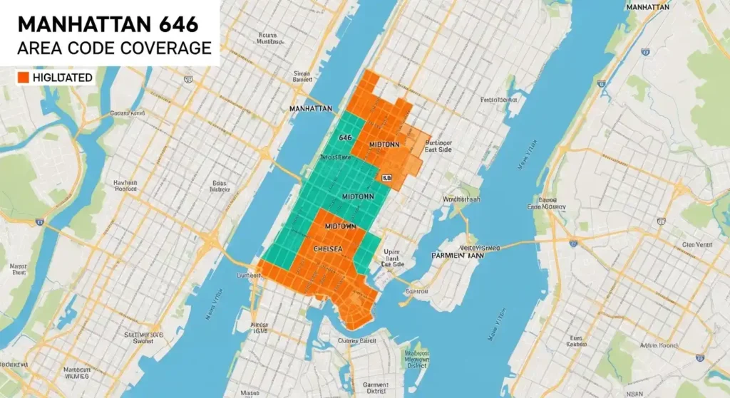 Map highlighting the Manhattan 646 area code coverage.
