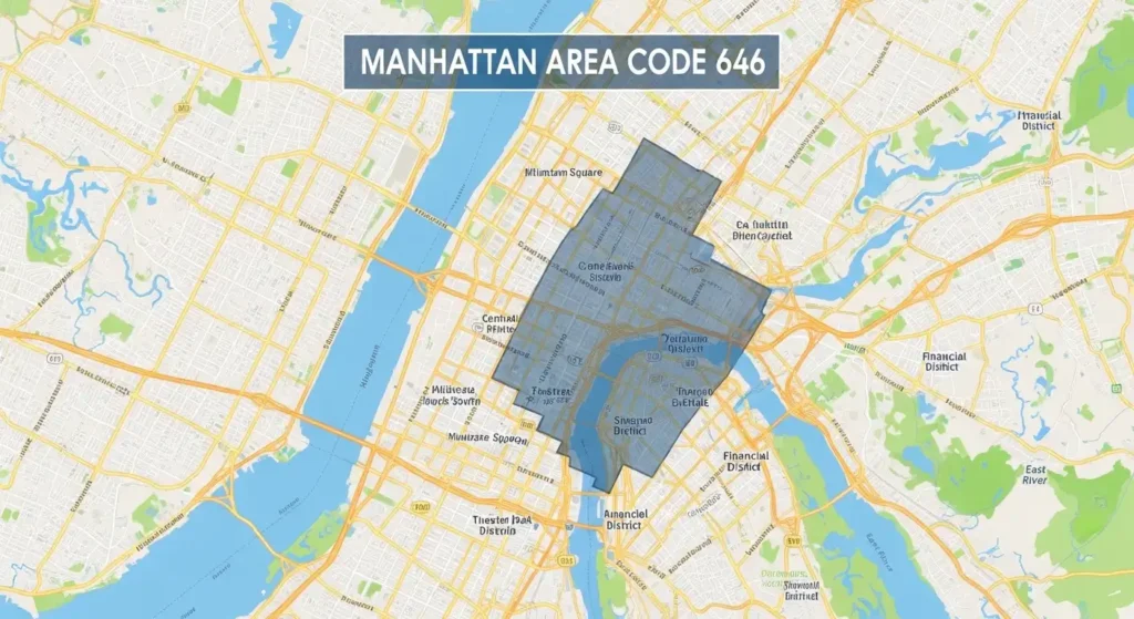 Map highlighting the area code 646 location in Manhattan, New York.