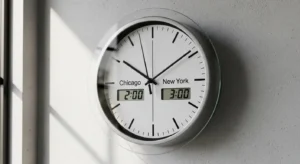 Clock showing one hour difference between Chicago and New York.