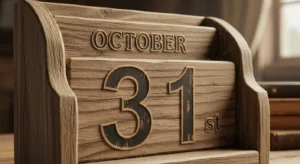 Close-up of a rustic wooden calendar showing the October 31st date.