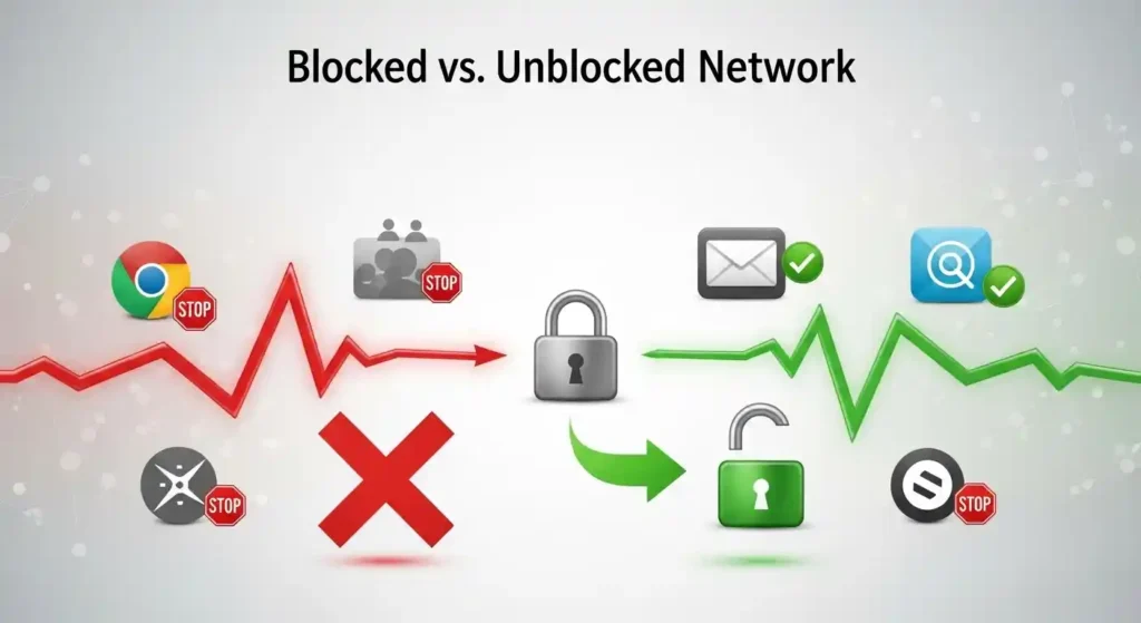 Graphic showing the difference between a blocked and unblocked network