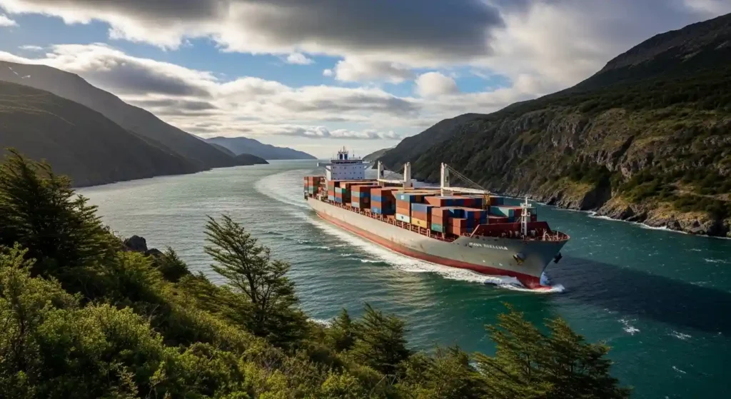 Modern cargo ship navigating the narrow Strait of Magellan in southern Chile