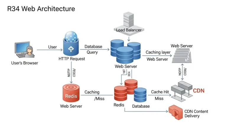 A diagram showing the data flow of an R34 web architecture.