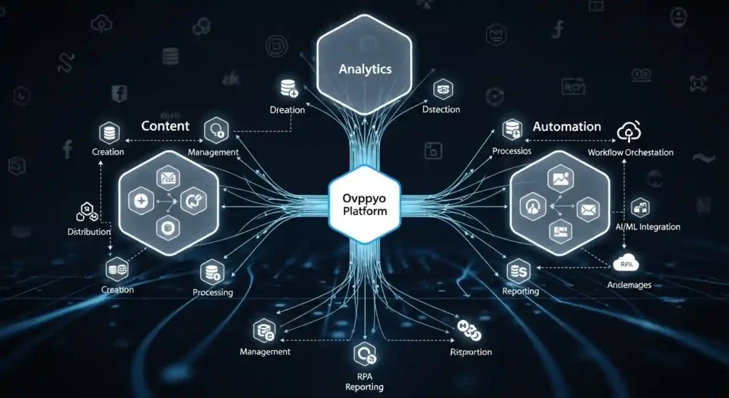 Ovppyo digital framework diagram showing connected content, analytics, and automation systems