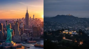 A split-screen illustration of a sunrise in New York and a dark morning in Los Angeles.