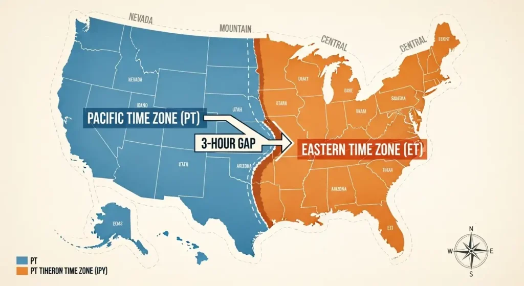 Map showing the three-hour gap between Pacific and Eastern time zones.