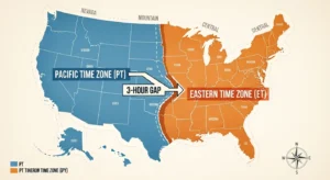 Map showing the three-hour gap between Pacific and Eastern time zones.