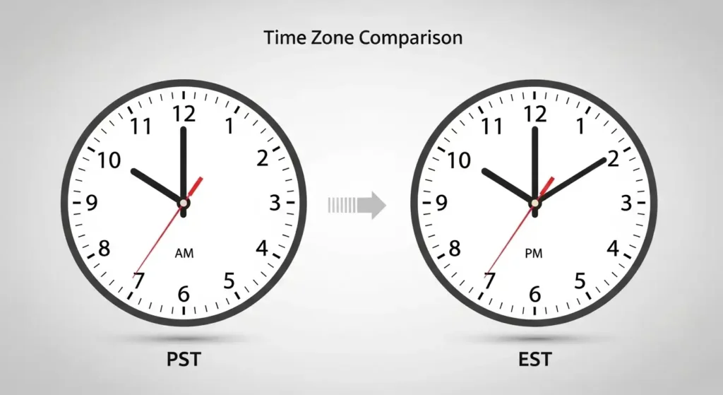 Comparison chart showing PST and EST clock faces.