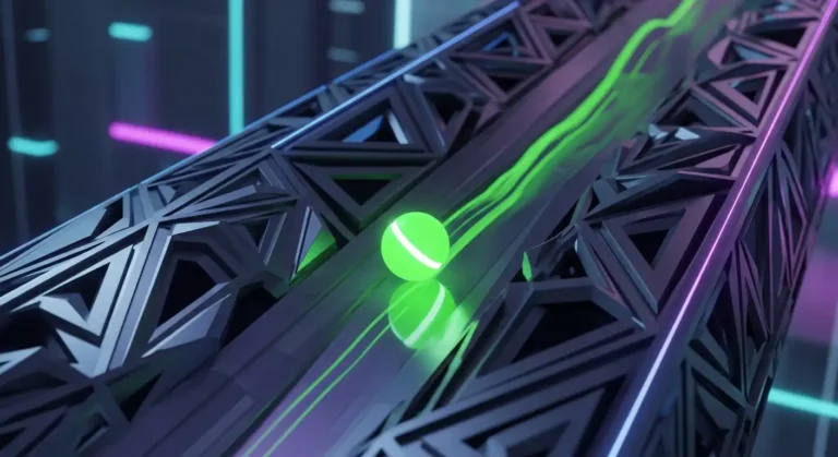 "Neon green ball rolling down a 3D futuristic geometric slope"