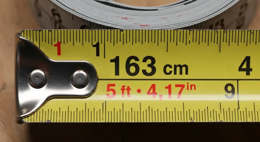 A tape measure showing 163cm and its equivalent in feet and inches.