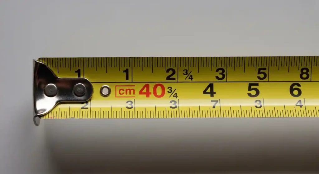 A tape measure showing 40 centimeters aligned with inch markings.