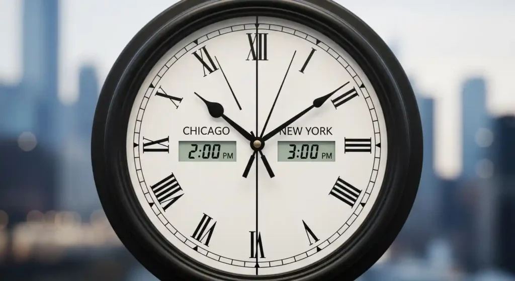 Clock showing one hour difference between Chicago and New York