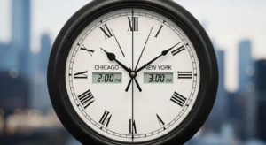 Clock showing one hour difference between Chicago and New York