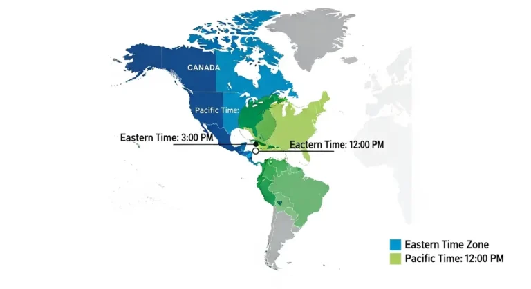 Map showing the 3-hour spread between Eastern and Pacific time zones.