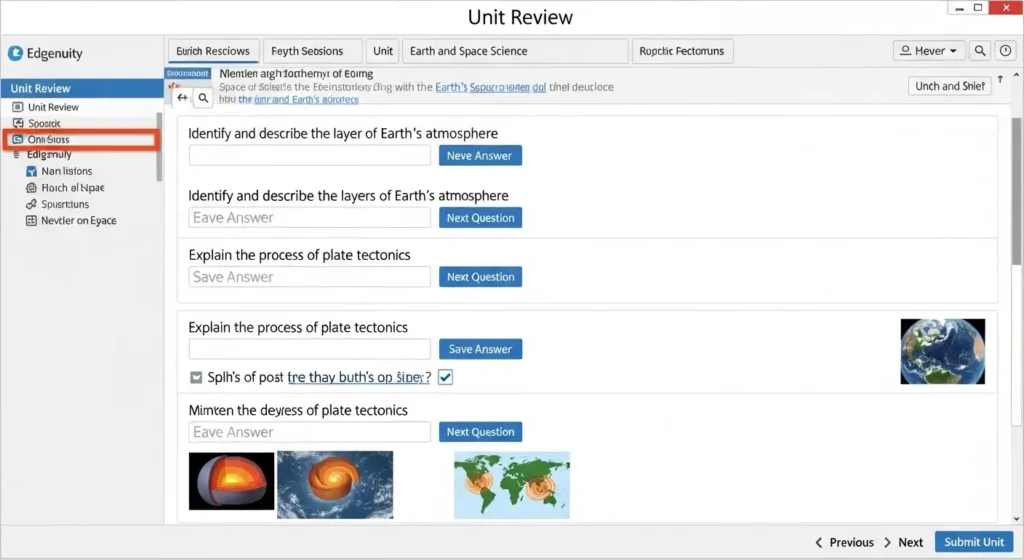 Screenshot of an Edgenuity Earth and Space Science unit review screen