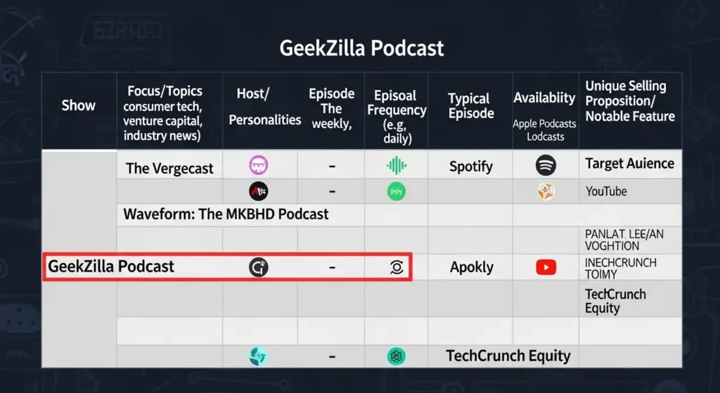 Comparison table showing Geekzilla Podcast vs other popular tech shows.