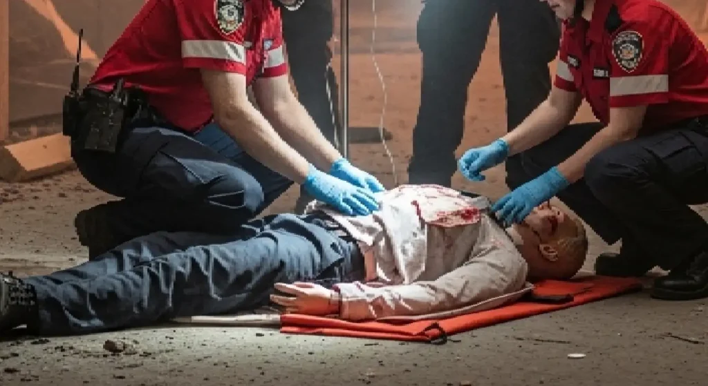 A group of emergency responders undergoing high-stress simulation training.