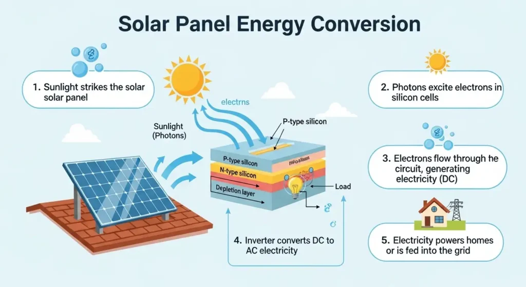 Infographic showing solar panel energy conversion for reading comprehension