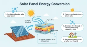 Infographic showing solar panel energy conversion for reading comprehension