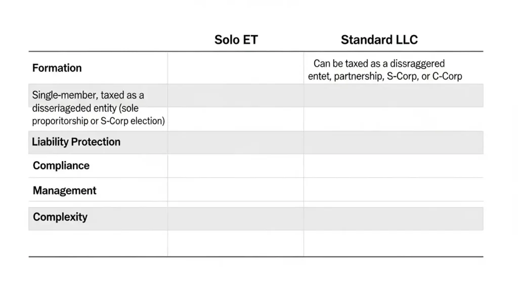 A comparison chart showing the differences between a Solo ET and a standard LLC.