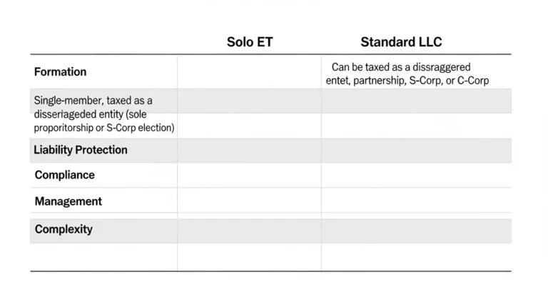 A comparison chart showing the differences between a Solo ET and a standard LLC.