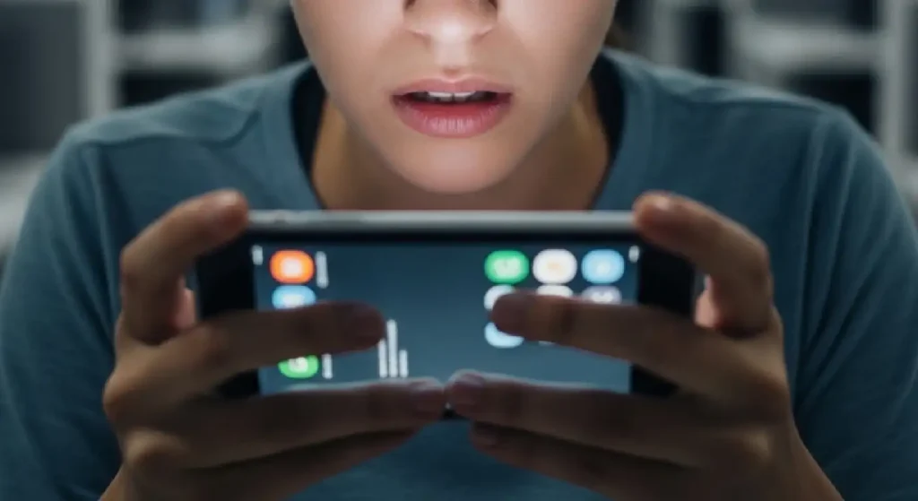 A person looking concerned at a smartphone screen with blurred data in the background.