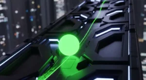 A neon green 3D ball rolling down a futuristic dark geometric slope.