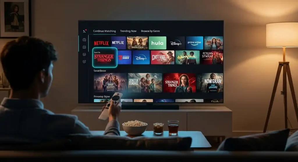 A user navigating a unified streaming interface on a large smart TV.