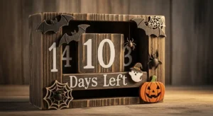 A wooden rustic Halloween countdown calendar showing 10 days left