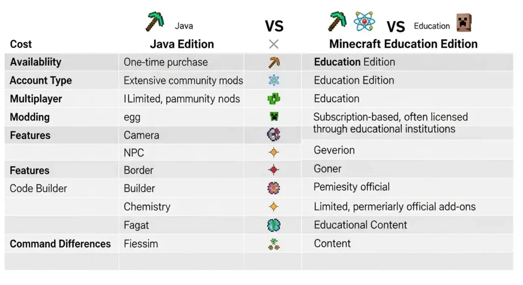 Comparison chart showing differences between Minecraft Java and Minecraft Education Edition.