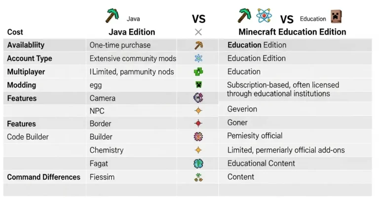Comparison chart showing differences between Minecraft Java and Minecraft Education Edition.