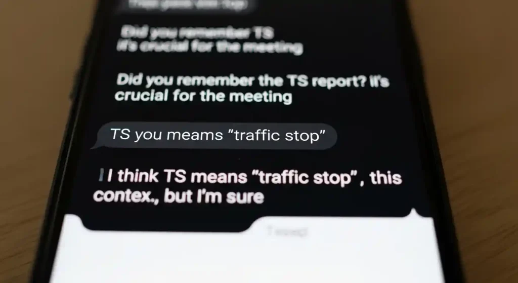 A smartphone screen displaying a confusing text message with the acronym TS.
