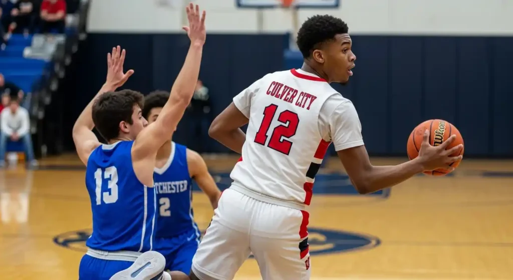 Michael Cooper Jr driving to the basket during a high school game backside